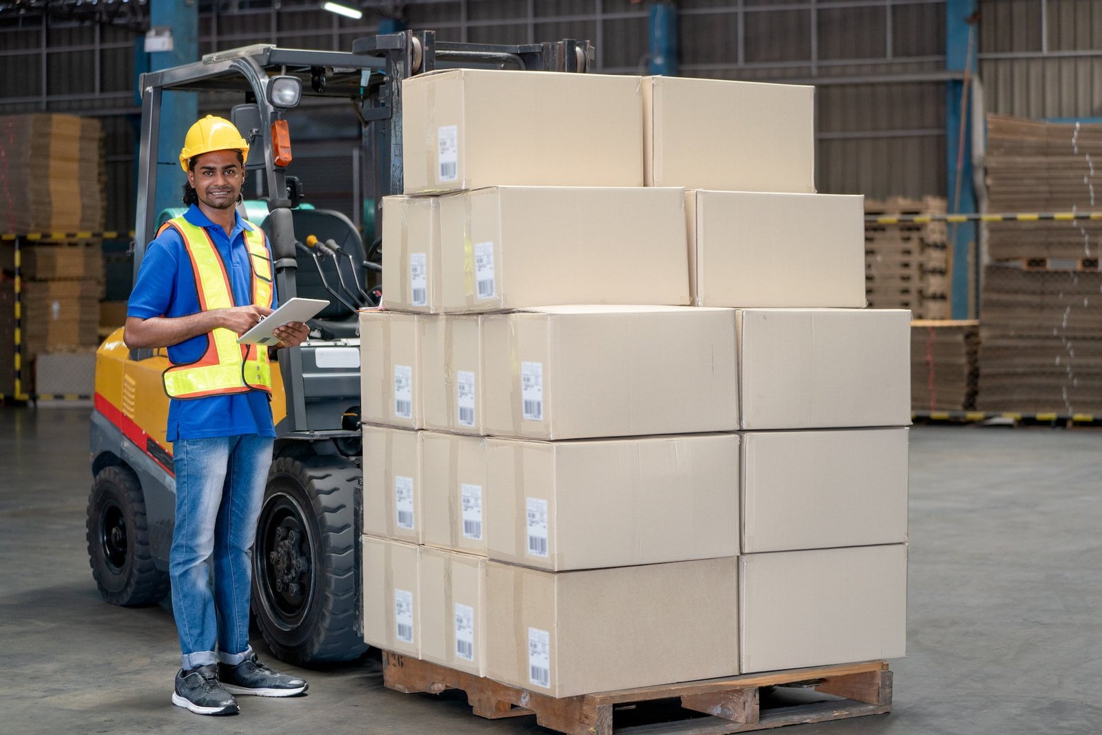 Asian warehouse worker look like Indian hold tablet and stay near folklift with stack of product