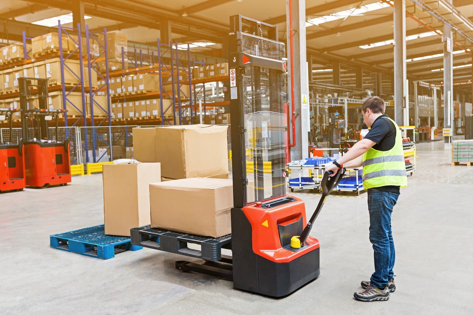 Caucasian employee working on modern warehouse. Industrial man using forklift with box